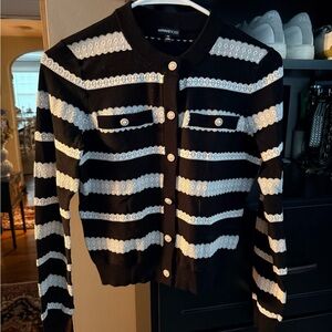 Minnie Rose Black and White Striped Lace-Detail Cardigan